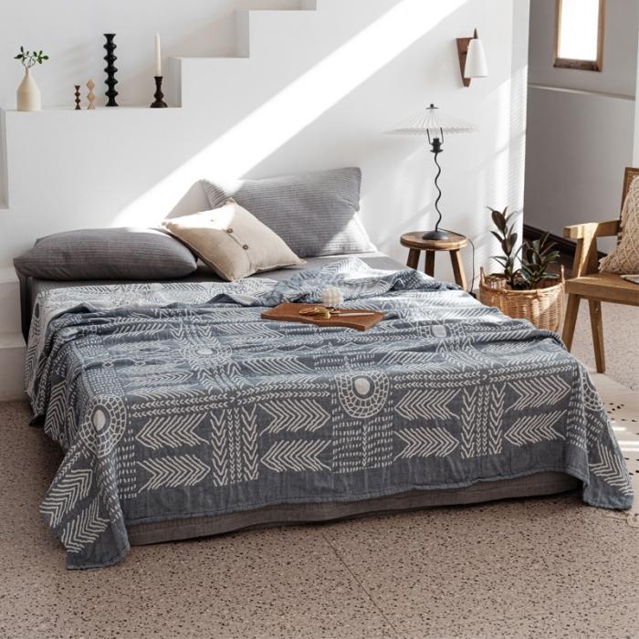 91家纺网 家纺一手货源 找家纺 朴尔 2020年新款加厚三层水洗棉全棉纱布毛巾被 印第安图腾-灰