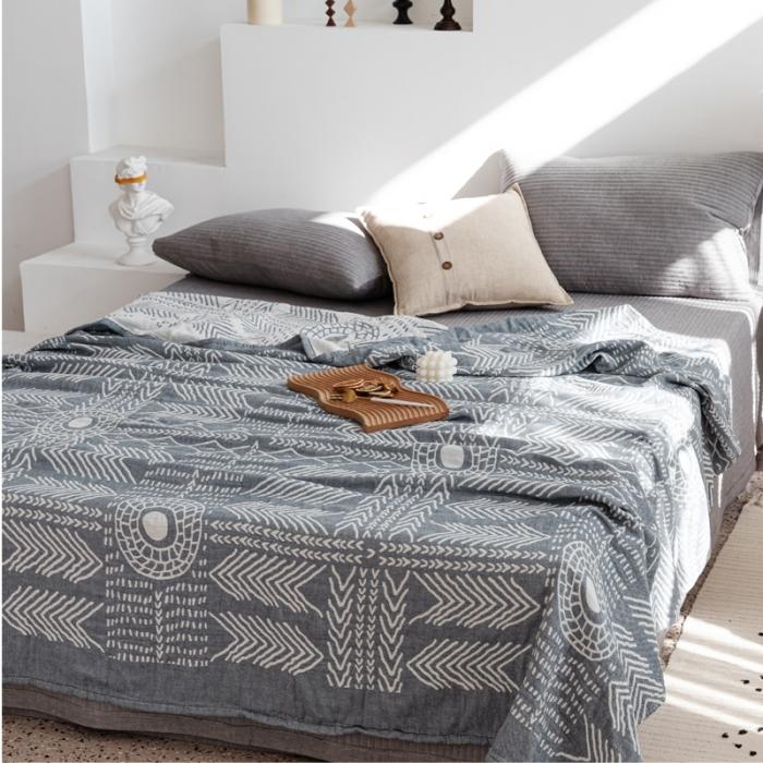 91家纺网 家纺一手货源 找家纺 朴尔 2020年新款加厚三层水洗棉全棉纱布毛巾被 印第安图腾-灰