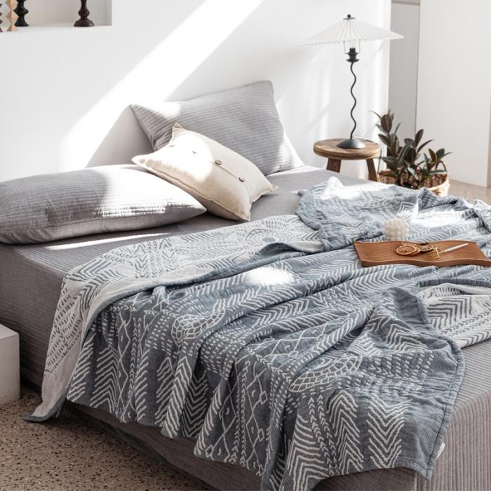 91家纺网 家纺一手货源 找家纺 朴尔 2020年新款加厚三层水洗棉全棉纱布毛巾被 印第安图腾-灰