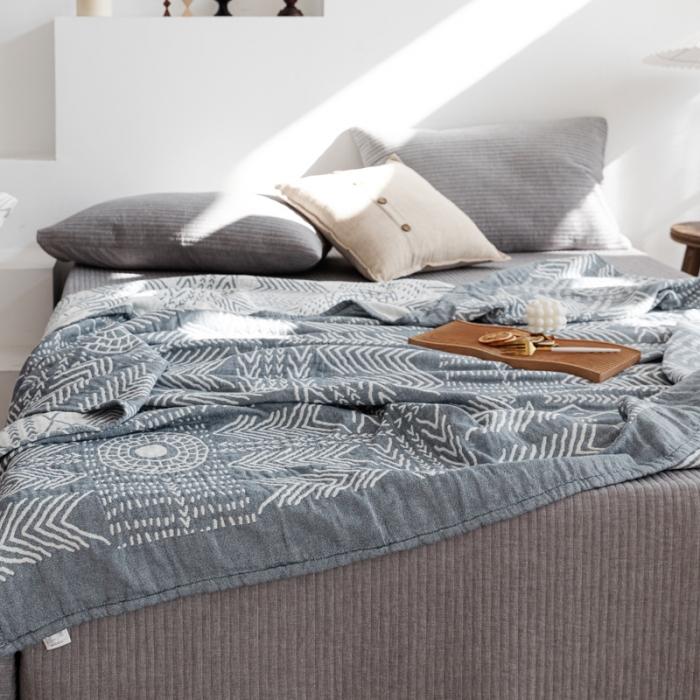 91家纺网 家纺一手货源 找家纺 朴尔 2020年新款加厚三层水洗棉全棉纱布毛巾被 印第安图腾-灰