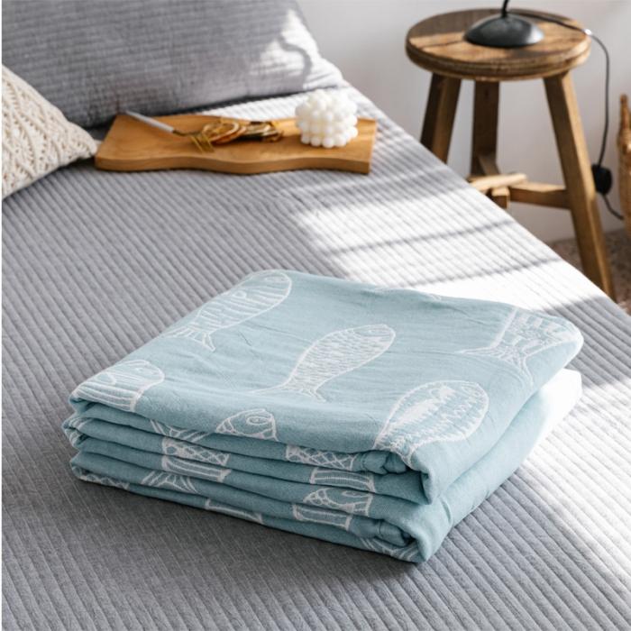 91家纺网 家纺一手货源 找家纺 朴尔 2020年新款加厚三层水洗棉全棉纱布毛巾被 复古鱼-兰