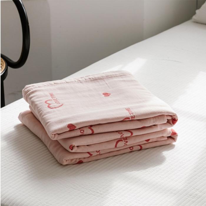 91家纺网 家纺一手货源 找家纺 朴尔 2020年新款水果系列四层纱布毛巾被 爱时光-粉