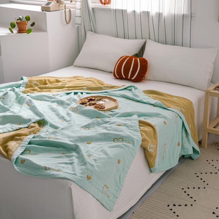 91家纺网 家纺一手货源 找家纺 朴尔 2020年新款水果系列四层纱布毛巾被 爱时光-兰