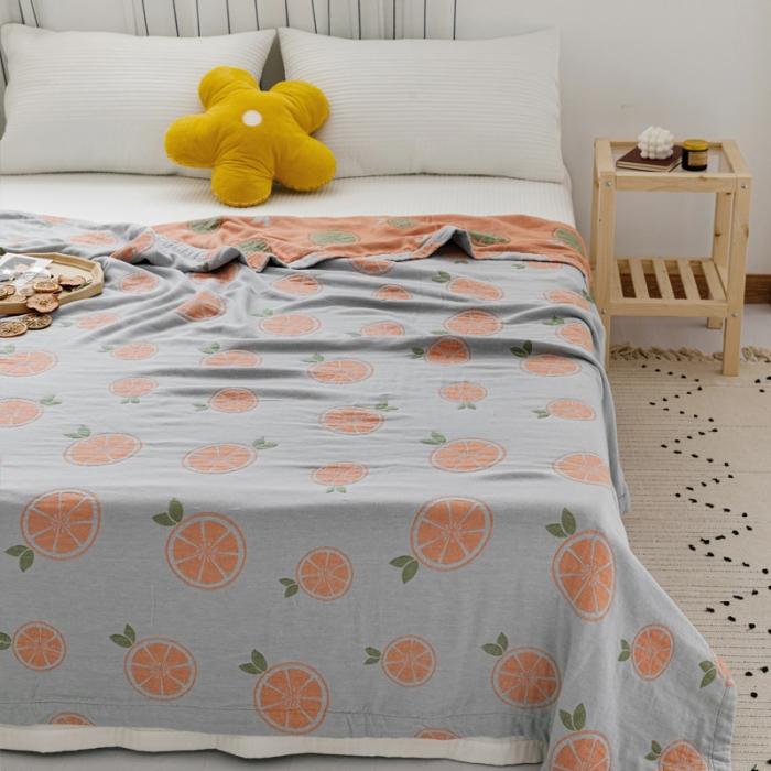 91家纺网 家纺一手货源 找家纺 朴尔 2020年新款水果系列四层纱布毛巾被 半颗柠檬-灰