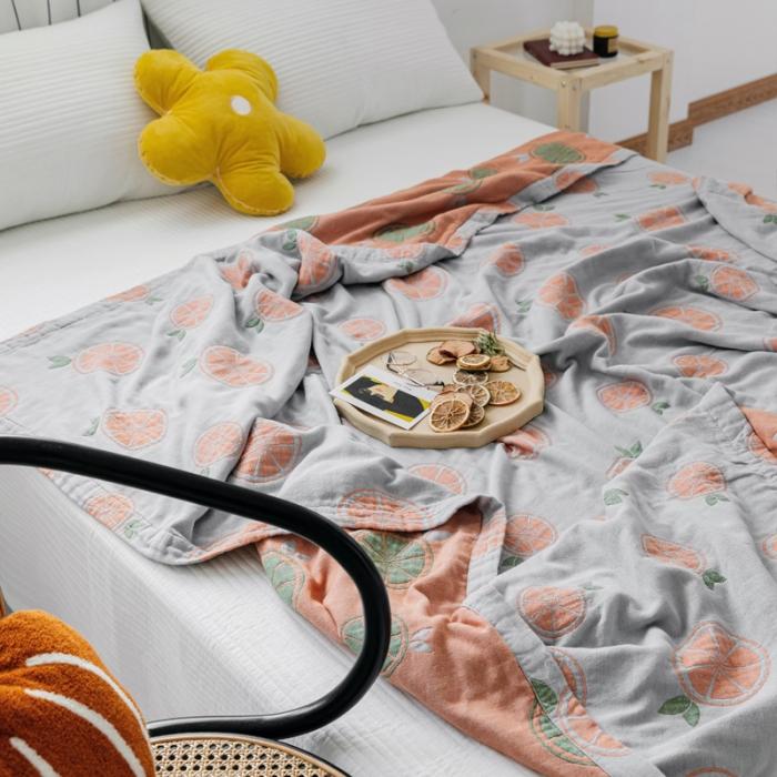 91家纺网 家纺一手货源 找家纺 朴尔 2020年新款水果系列四层纱布毛巾被 半颗柠檬-灰