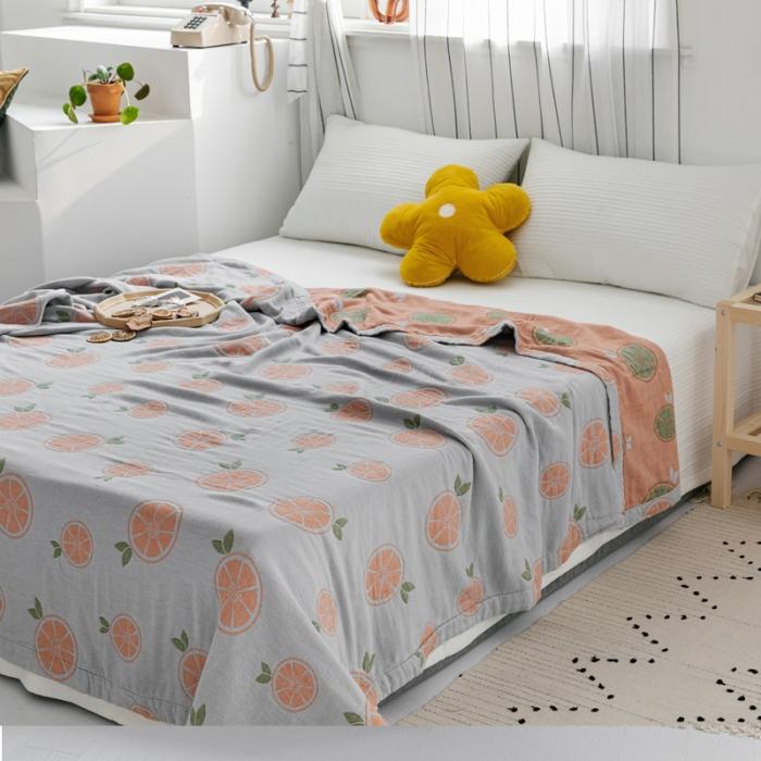 91家纺网 家纺一手货源 找家纺 朴尔 2020年新款水果系列四层纱布毛巾被 半颗柠檬-灰