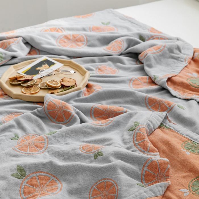 91家纺网 家纺一手货源 找家纺 朴尔 2020年新款水果系列四层纱布毛巾被 半颗柠檬-灰