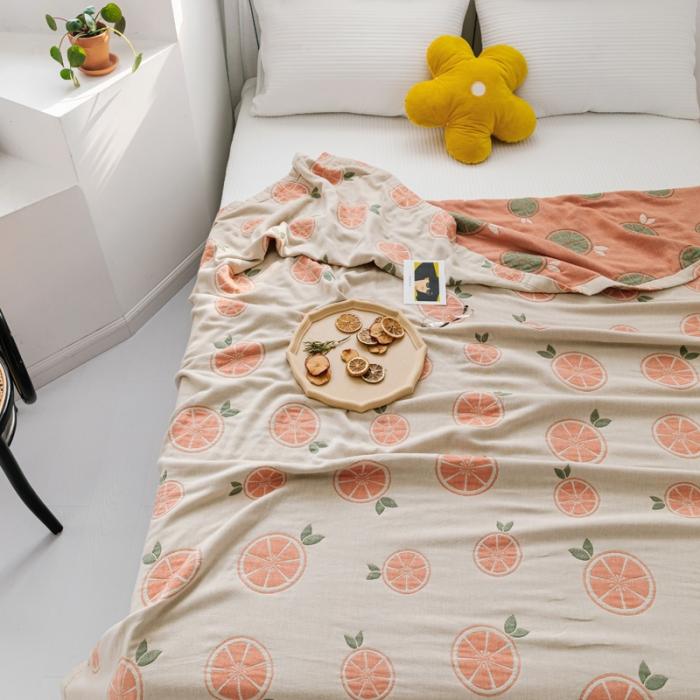 91家纺网 家纺一手货源 找家纺 朴尔 2020年新款水果系列四层纱布毛巾被 半颗柠檬-浅驼