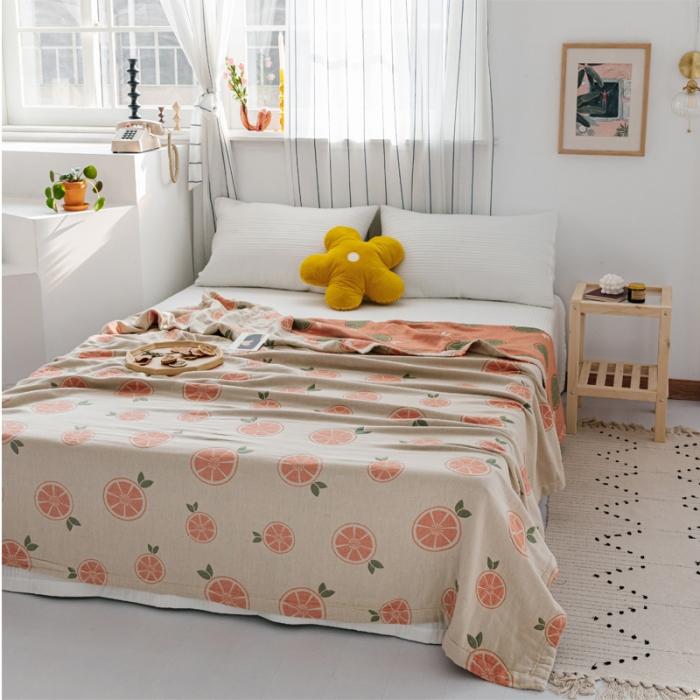 91家纺网 家纺一手货源 找家纺 朴尔 2020年新款水果系列四层纱布毛巾被 半颗柠檬-浅驼