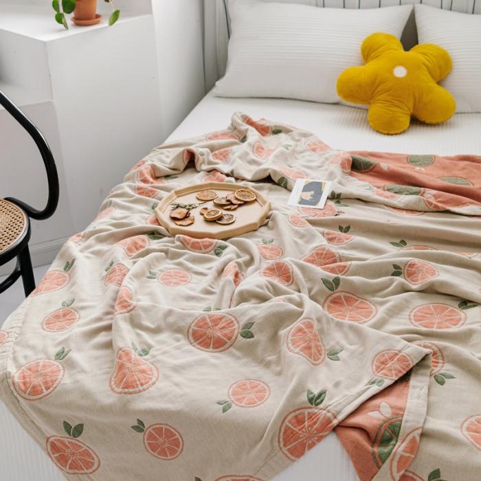 91家纺网 家纺一手货源 找家纺 朴尔 2020年新款水果系列四层纱布毛巾被 半颗柠檬-浅驼