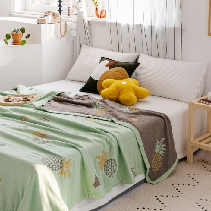 91家纺网 家纺一手货源 找家纺 朴尔 2020年新款水果系列四层纱布毛巾被 菠萝与三角-绿咖