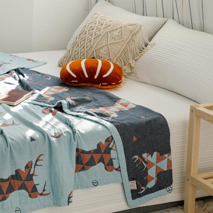 91家纺网 家纺一手货源 找家纺 朴尔 2020年新款水果系列四层纱布毛巾被 鹿图腾-兰