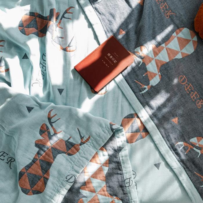 91家纺网 家纺一手货源 找家纺 朴尔 2020年新款水果系列四层纱布毛巾被 鹿图腾-兰