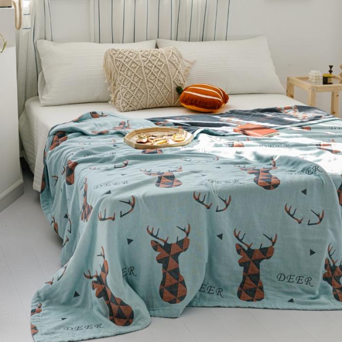 91家纺网 家纺一手货源 找家纺 朴尔 2020年新款水果系列四层纱布毛巾被 鹿图腾-兰