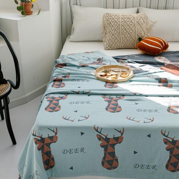 91家纺网 家纺一手货源 找家纺 朴尔 2020年新款水果系列四层纱布毛巾被 鹿图腾-兰