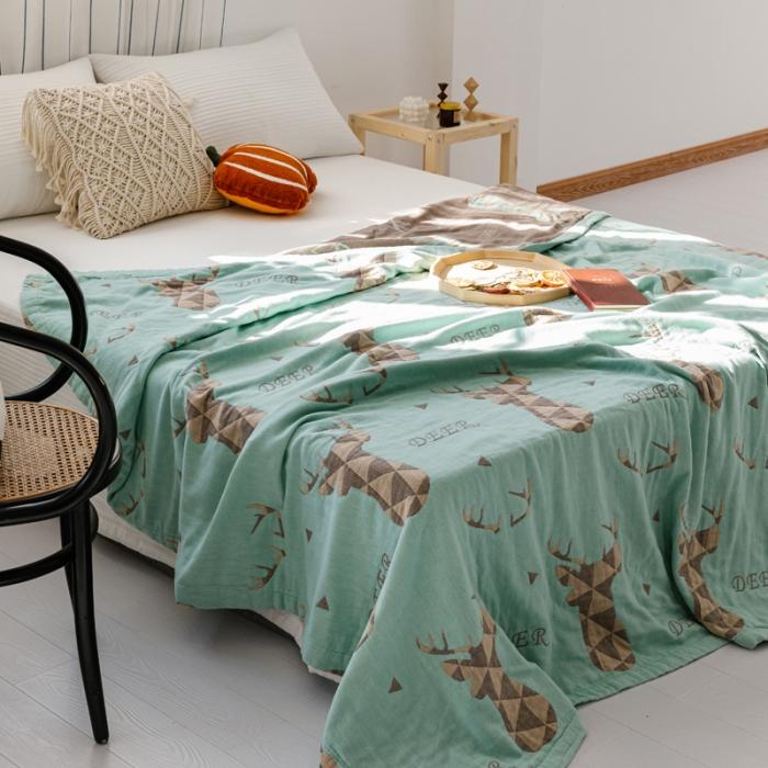 91家纺网 家纺一手货源 找家纺 朴尔 2020年新款水果系列四层纱布毛巾被 鹿图腾-绿