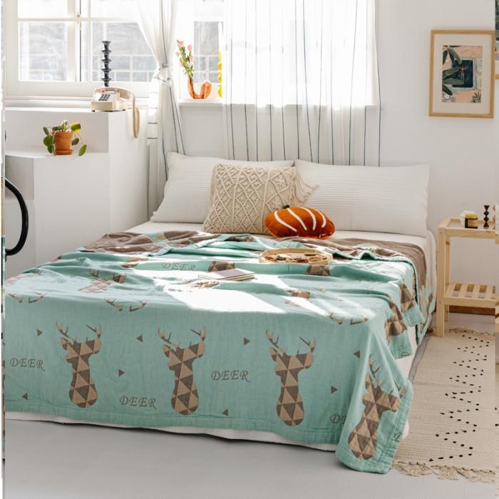 91家纺网 家纺一手货源 找家纺 朴尔 2020年新款水果系列四层纱布毛巾被 鹿图腾-绿