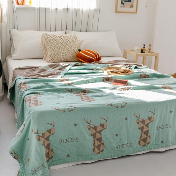 91家纺网 家纺一手货源 找家纺 朴尔 2020年新款水果系列四层纱布毛巾被 鹿图腾-绿