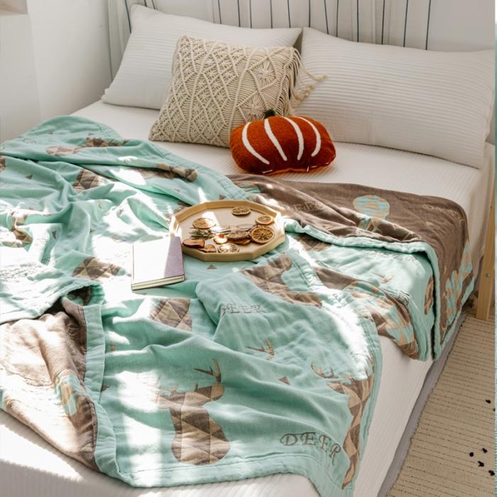 91家纺网 家纺一手货源 找家纺 朴尔 2020年新款水果系列四层纱布毛巾被 鹿图腾-绿