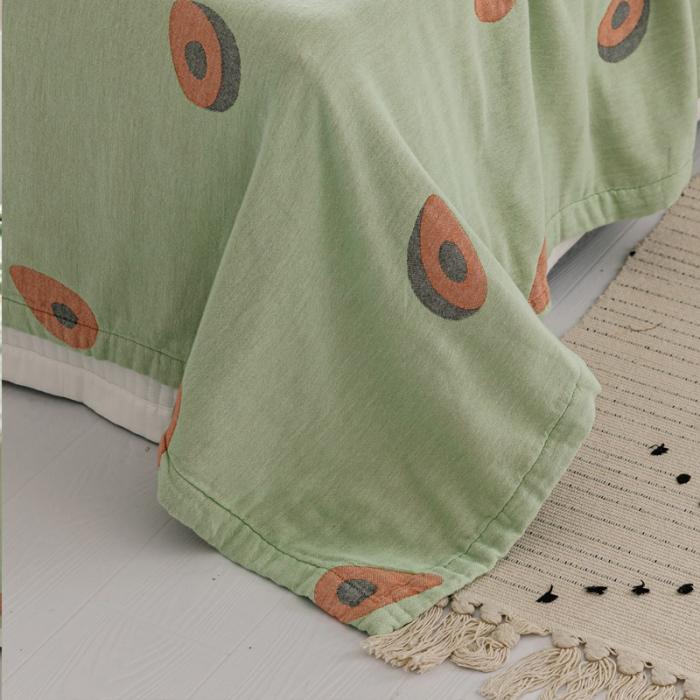 91家纺网 家纺一手货源 找家纺 朴尔 2020年新款水果系列四层纱布毛巾被 牛油果女孩-绿灰