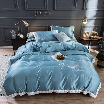 91家纺网 家纺一手货源 找家纺 骏腾 2022新款纯色水洗真丝刺绣四件套 羽毛-湖蓝