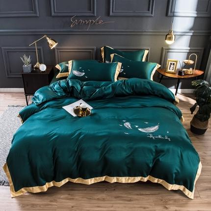 91家纺网 家纺一手货源 找家纺 骏腾 2022新款纯色水洗真丝刺绣四件套 羽毛-墨绿