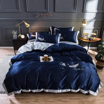 91家纺网 家纺一手货源 找家纺 骏腾 2022新款纯色水洗真丝刺绣四件套 羽毛-深蓝