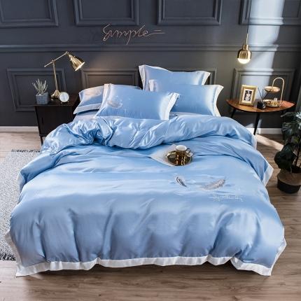 91家纺网 家纺一手货源 找家纺 骏腾 2022新款纯色水洗真丝刺绣四件套 羽毛-天蓝