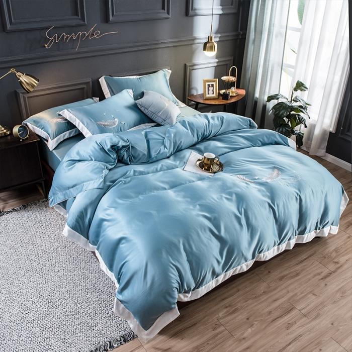 91家纺网 家纺一手货源 找家纺 骏腾 2022新款纯色水洗真丝刺绣四件套 羽毛-湖蓝