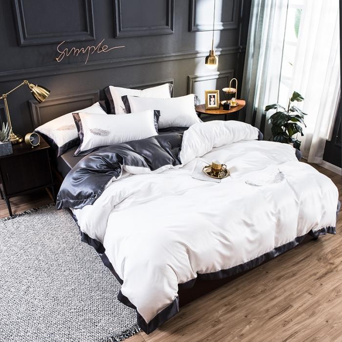 91家纺网 家纺一手货源 找家纺 骏腾 2022新款纯色水洗真丝刺绣四件套 羽毛-米白