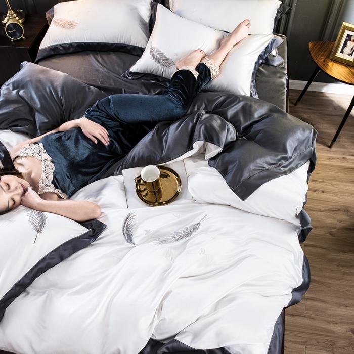 91家纺网 家纺一手货源 找家纺 骏腾 2022新款纯色水洗真丝刺绣四件套 羽毛-米白