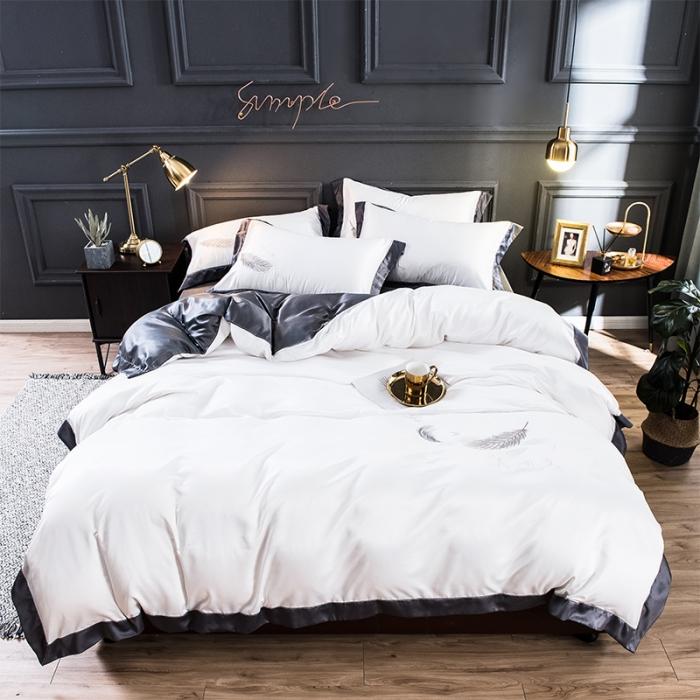 91家纺网 家纺一手货源 找家纺 骏腾 2022新款纯色水洗真丝刺绣四件套 羽毛-米白