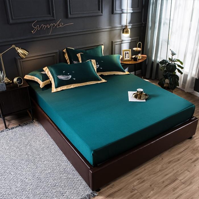 91家纺网 家纺一手货源 找家纺 骏腾 2022新款纯色水洗真丝刺绣四件套 羽毛-墨绿