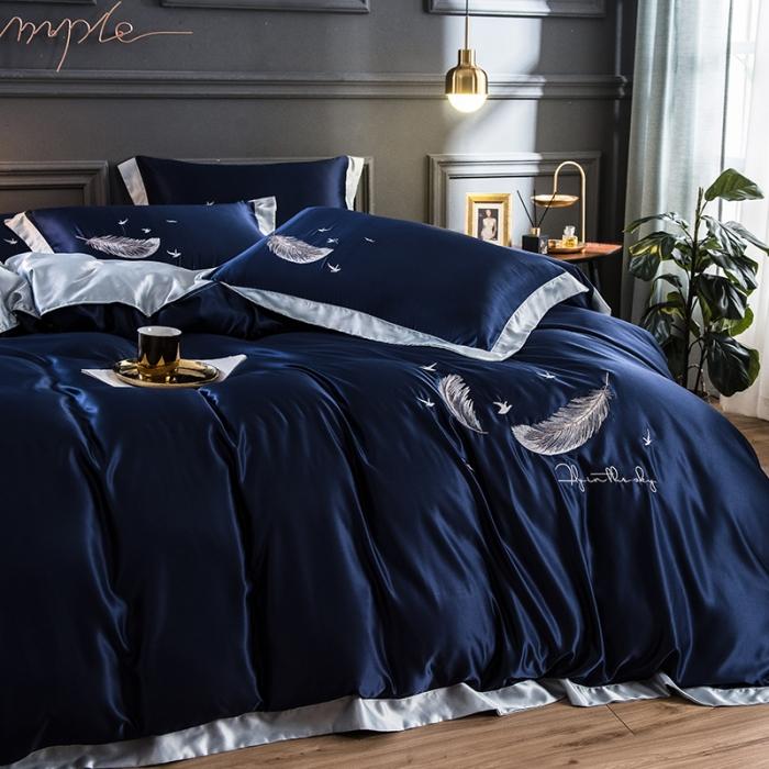 91家纺网 家纺一手货源 找家纺 骏腾 2022新款纯色水洗真丝刺绣四件套 羽毛-深蓝