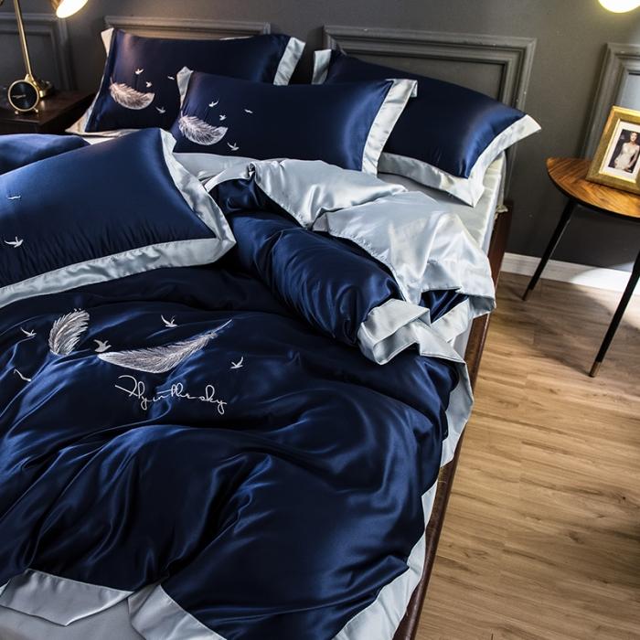 91家纺网 家纺一手货源 找家纺 骏腾 2022新款纯色水洗真丝刺绣四件套 羽毛-深蓝