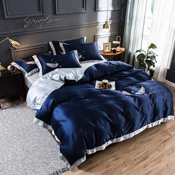 91家纺网 家纺一手货源 找家纺 骏腾 2022新款纯色水洗真丝刺绣四件套 羽毛-深蓝