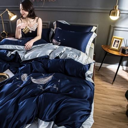 骏腾 2022新款纯色水洗真丝刺绣四件套 羽毛-深蓝