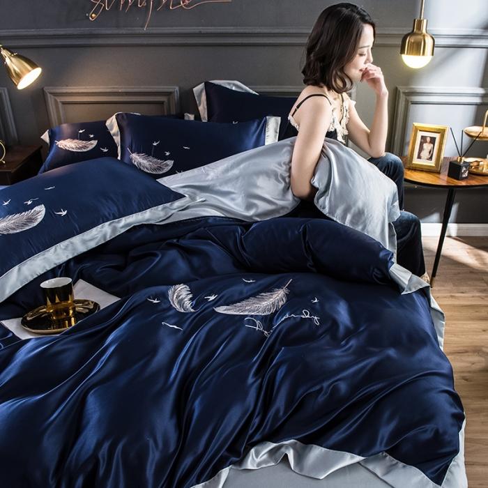 91家纺网 家纺一手货源 找家纺 骏腾 2022新款纯色水洗真丝刺绣四件套 羽毛-深蓝