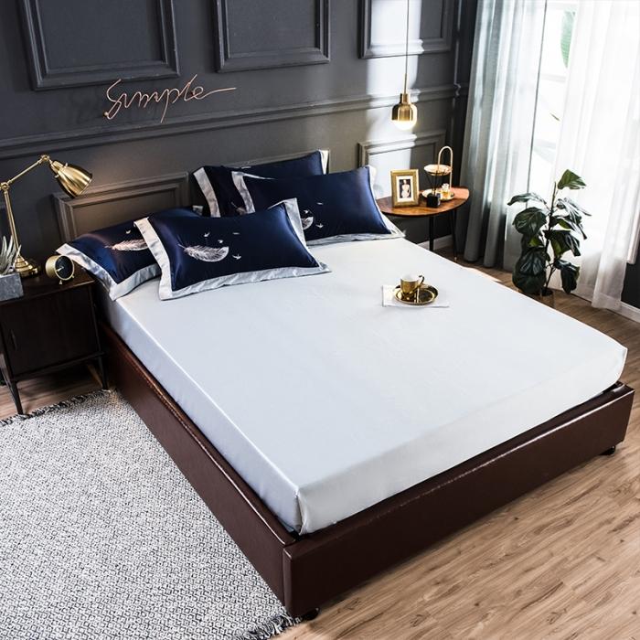 91家纺网 家纺一手货源 找家纺 骏腾 2022新款纯色水洗真丝刺绣四件套 羽毛-深蓝