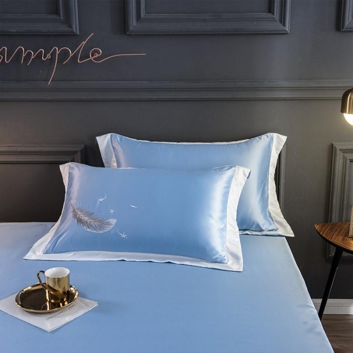 91家纺网 家纺一手货源 找家纺 骏腾 2022新款纯色水洗真丝刺绣四件套 羽毛-天蓝