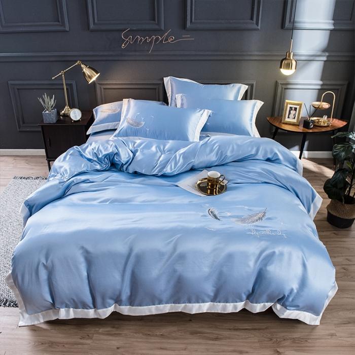 91家纺网 家纺一手货源 找家纺 骏腾 2022新款纯色水洗真丝刺绣四件套 羽毛-天蓝