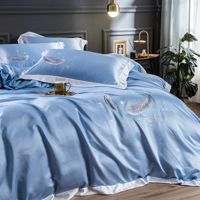 91家纺网 家纺一手货源 找家纺 骏腾 2022新款纯色水洗真丝刺绣四件套 羽毛-天蓝