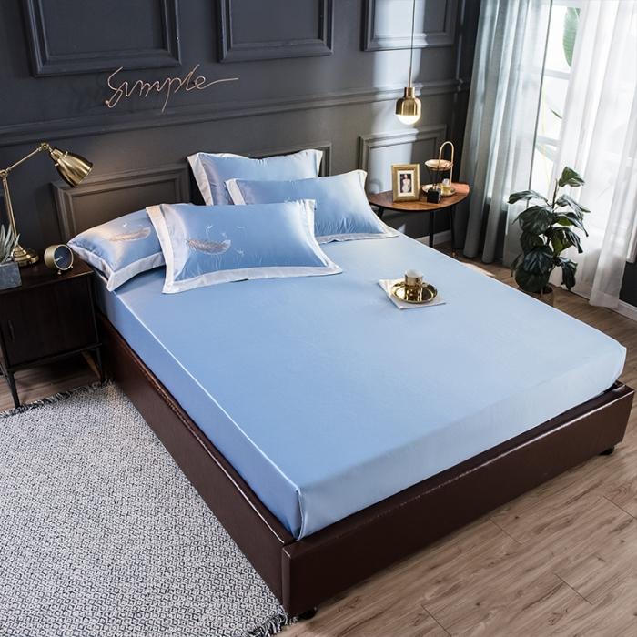 91家纺网 家纺一手货源 找家纺 骏腾 2022新款纯色水洗真丝刺绣四件套 羽毛-天蓝