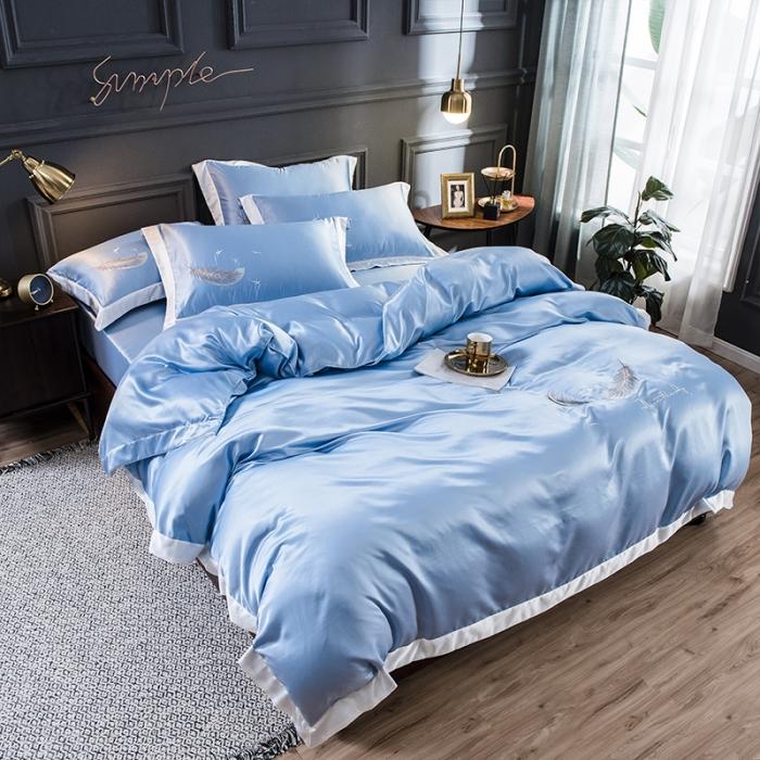 91家纺网 家纺一手货源 找家纺 骏腾 2022新款纯色水洗真丝刺绣四件套 羽毛-天蓝