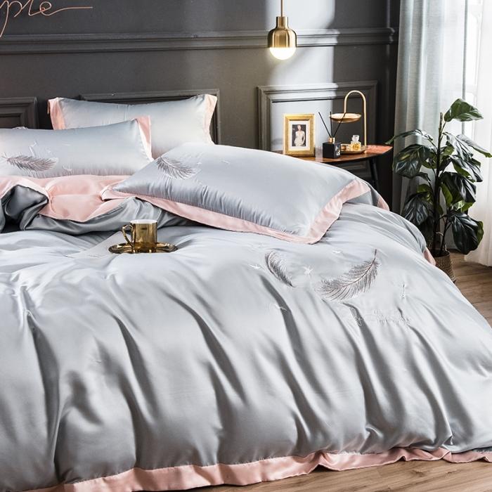 91家纺网 家纺一手货源 找家纺 骏腾 2022新款纯色水洗真丝刺绣四件套 羽毛-银灰