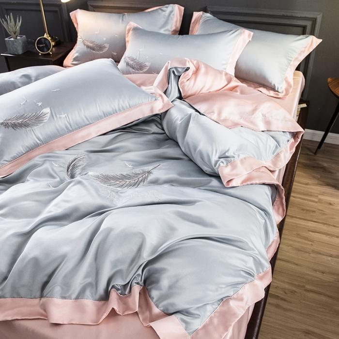 91家纺网 家纺一手货源 找家纺 骏腾 2022新款纯色水洗真丝刺绣四件套 羽毛-银灰