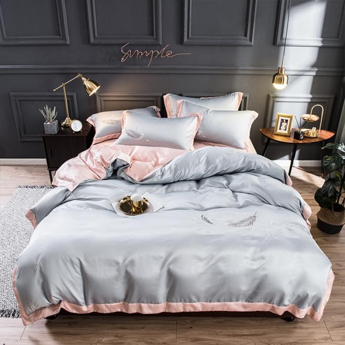 91家纺网 家纺一手货源 找家纺 骏腾 2022新款纯色水洗真丝刺绣四件套 羽毛-银灰