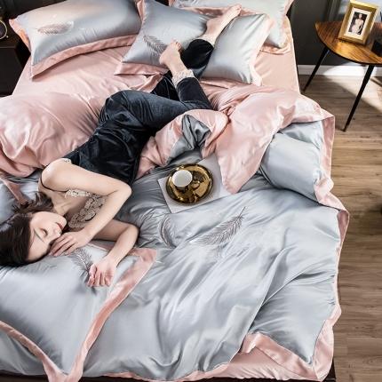 骏腾 2022新款纯色水洗真丝刺绣四件套 羽毛-银灰