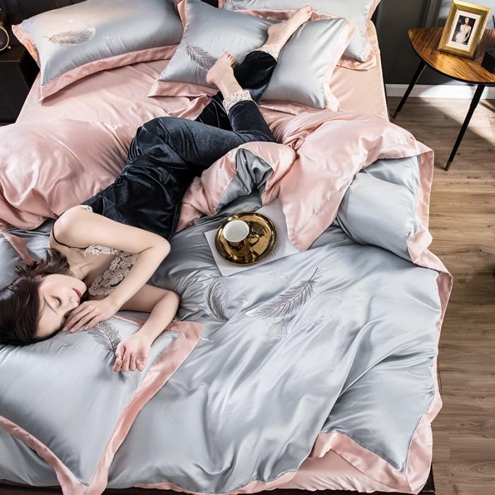 91家纺网 家纺一手货源 找家纺 骏腾 2022新款纯色水洗真丝刺绣四件套 羽毛-银灰