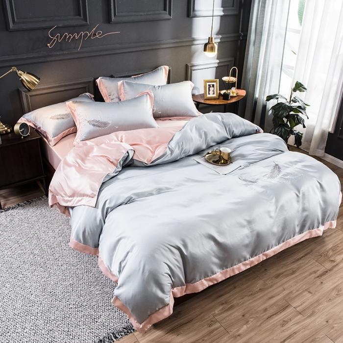 91家纺网 家纺一手货源 找家纺 骏腾 2022新款纯色水洗真丝刺绣四件套 羽毛-银灰